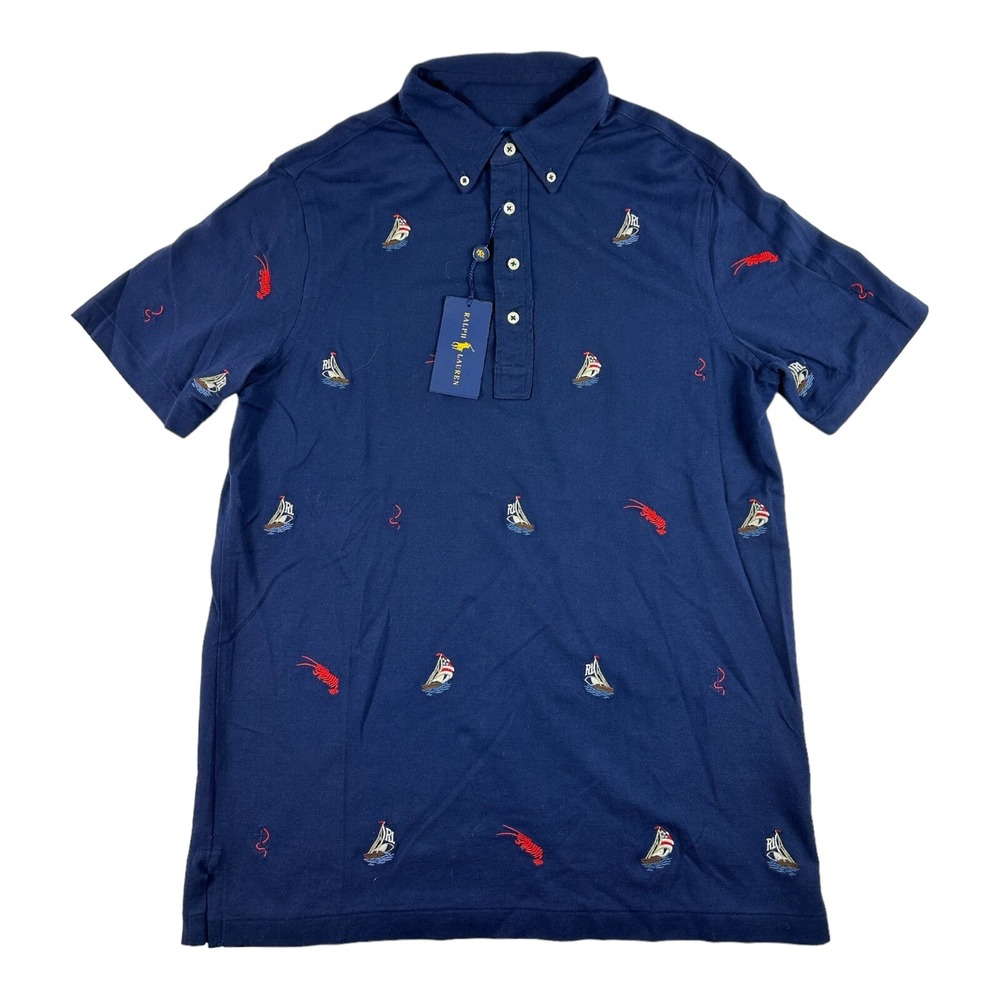 Polo Ralph Lauren Navy Knit Oxford Lobster Boats All Embroidered Polo Size S NWT